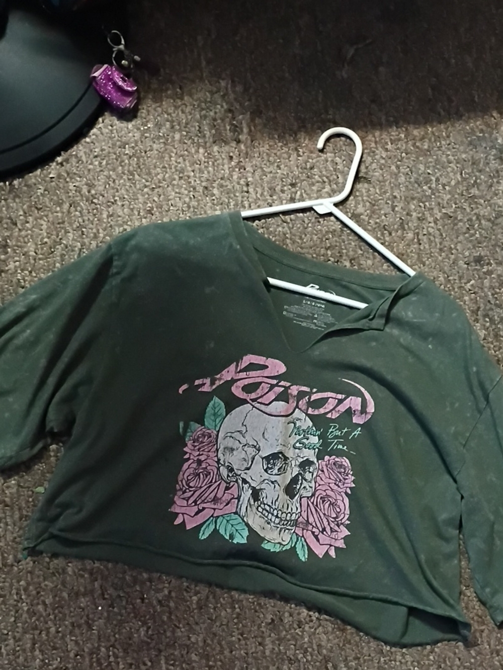 Graphic Skull & Roses V-Neck Crop Top in Dark Green